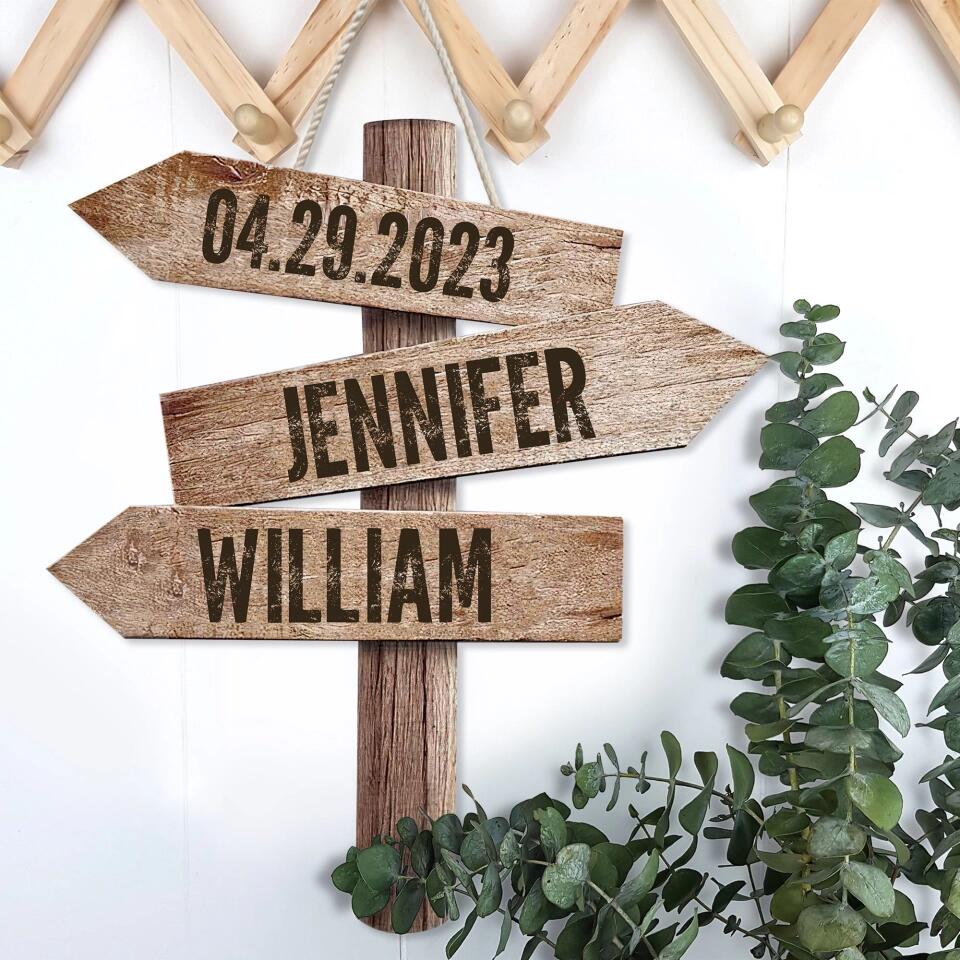 Couple Wooden Sign Personalized Valentine Gifts - Personalized Couple Name & Date - Wood Direction Sign - Custom Shape Wooden Sign