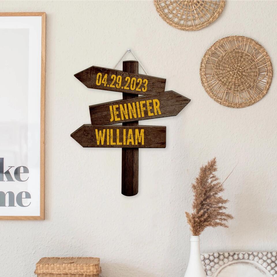 Couple Wooden Sign Personalized Valentine Gifts - Personalized Couple Name & Date - Wood Direction Sign - Custom Shape Wooden Sign