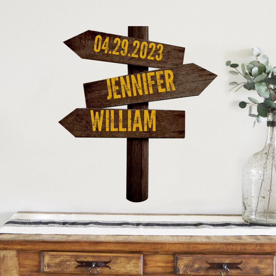 Couple Wooden Sign Personalized Valentine Gifts - Personalized Couple Name & Date - Wood Direction Sign - Custom Shape Wooden Sign