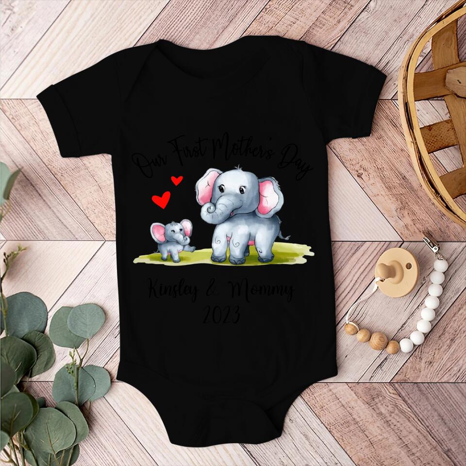 Our First Mother's Day - Personalized Baby Onesie - Cute Animal Pattern
