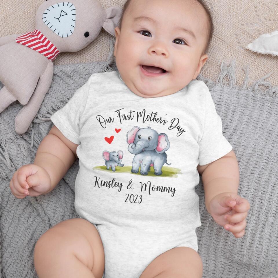 Our First Mother's Day - Personalized Baby Onesie - Cute Animal Pattern