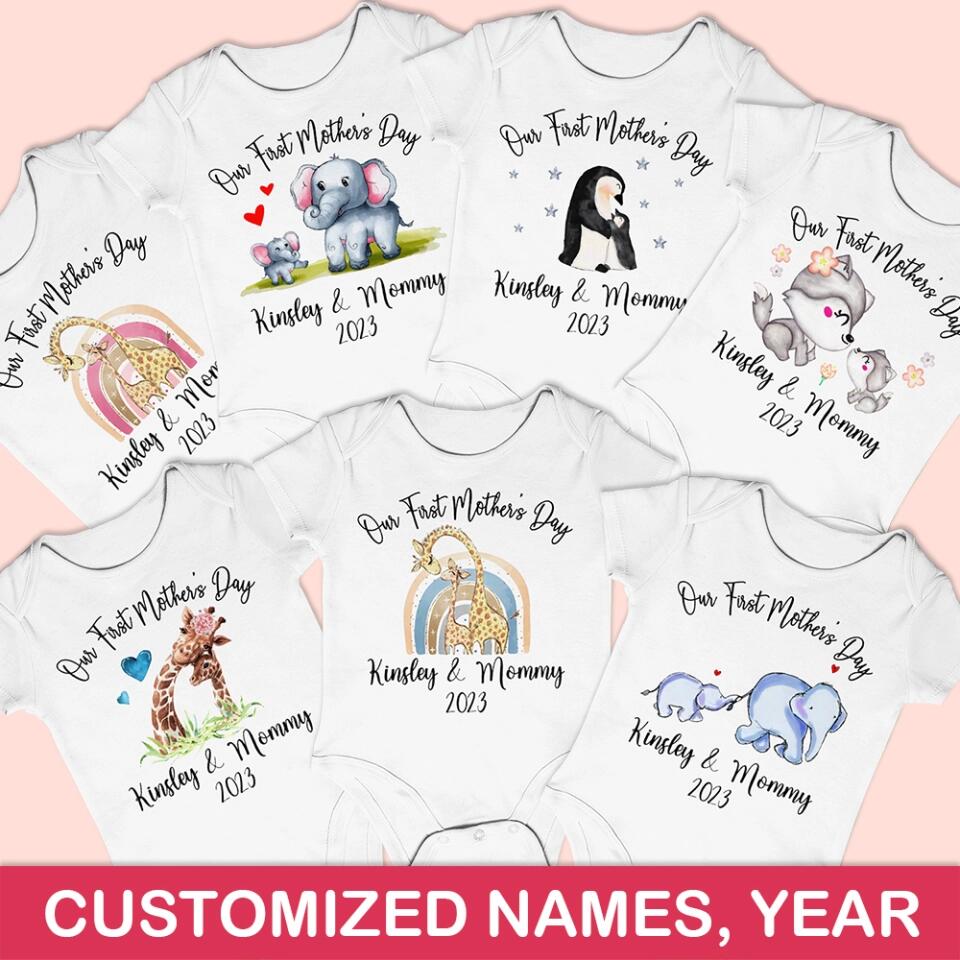 Our First Mother's Day - Personalized Baby Onesie - Cute Animal Pattern