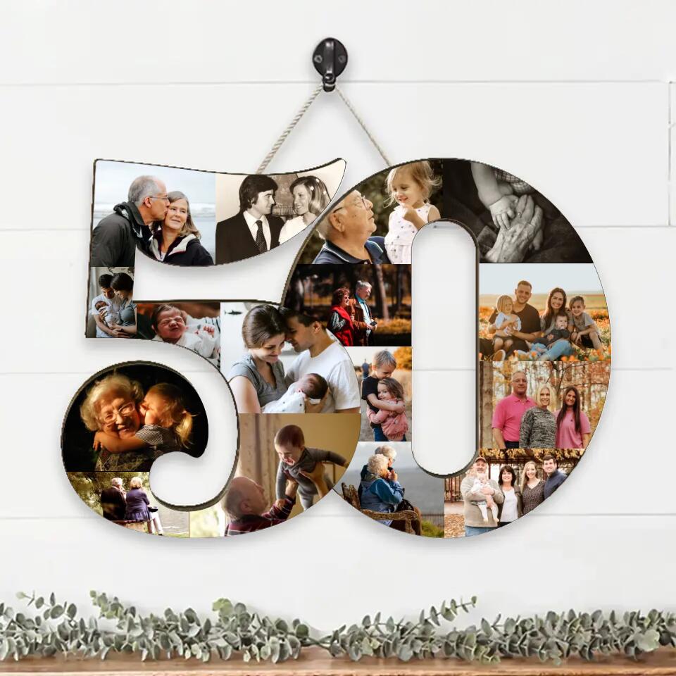 Couple Wooden Sign Golden Milestone - Custom Photo Collage Wooden Sign