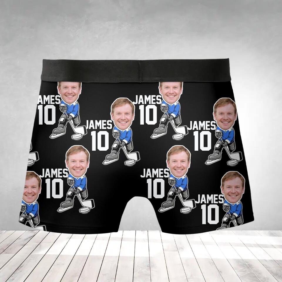 Man Playing Hockey Costume - Personalized Face & Name - Men's Boxer - Funny Gift for Hocky Player, Coaches, Fan