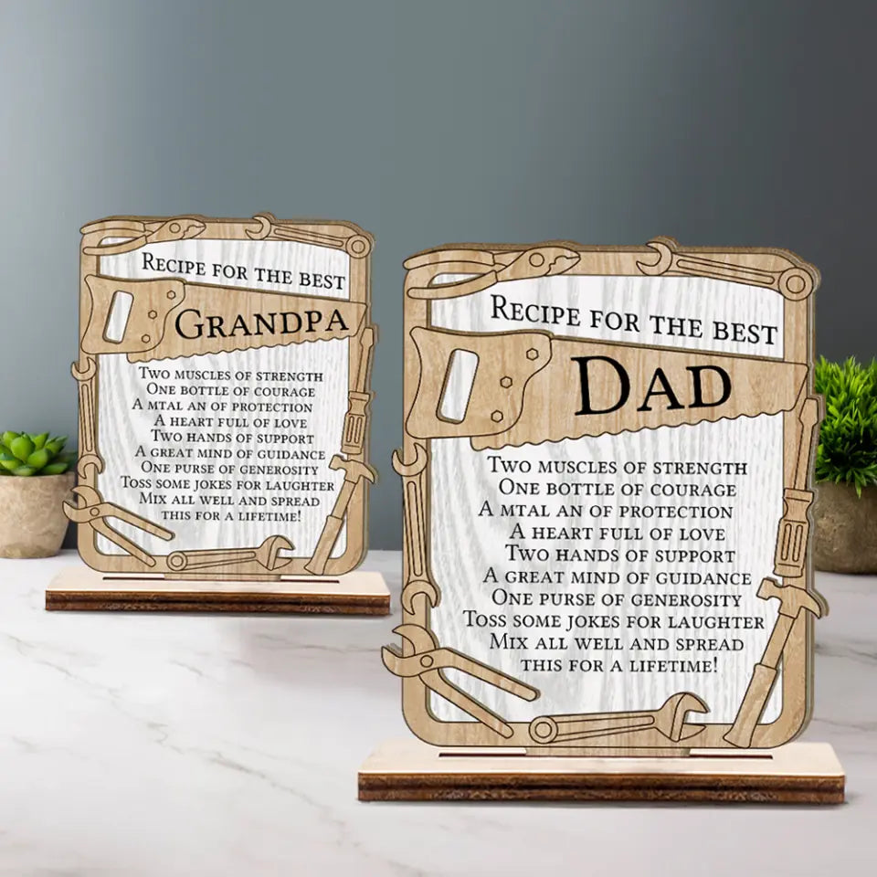 Recipe for the Best Dad/Grandpa - Two Mucles of Strength One Bottle of Courage Jokes for Laughter - Wooden Plaque - Father's Day Gift - Birthday Gift for Daddy Grandad - 303ICNBNWP377