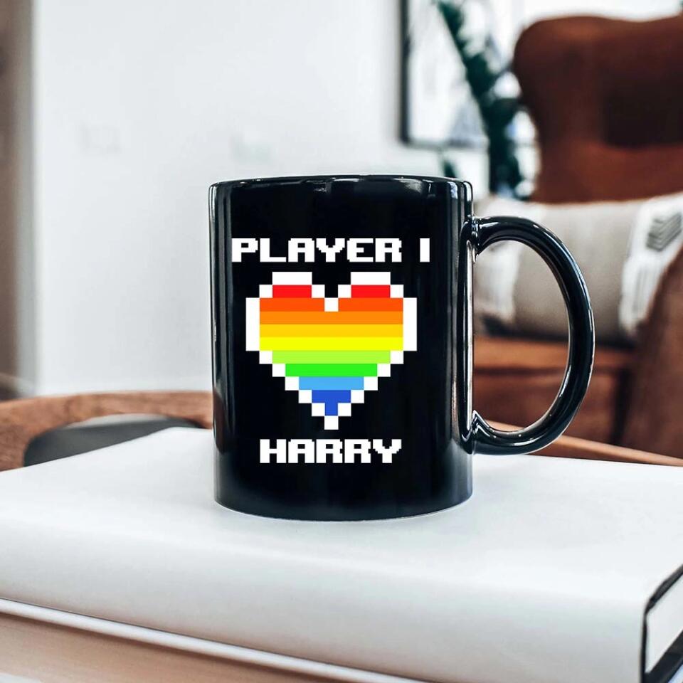Custom Name Player One Player Two - Gay Gamer Couple Mug - Heart Matching LGBT - Wedding, Anniversary Gift for Him