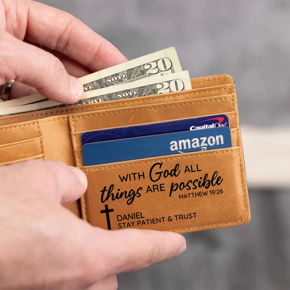 With God All Things Are Possible - Bibble Quote - Personalized Name - Engraved Leather Wallet - Men's Jewelry - Money Holder - Birthday Gift - Confirmation Gift for Boys - 303ICNNPLW331