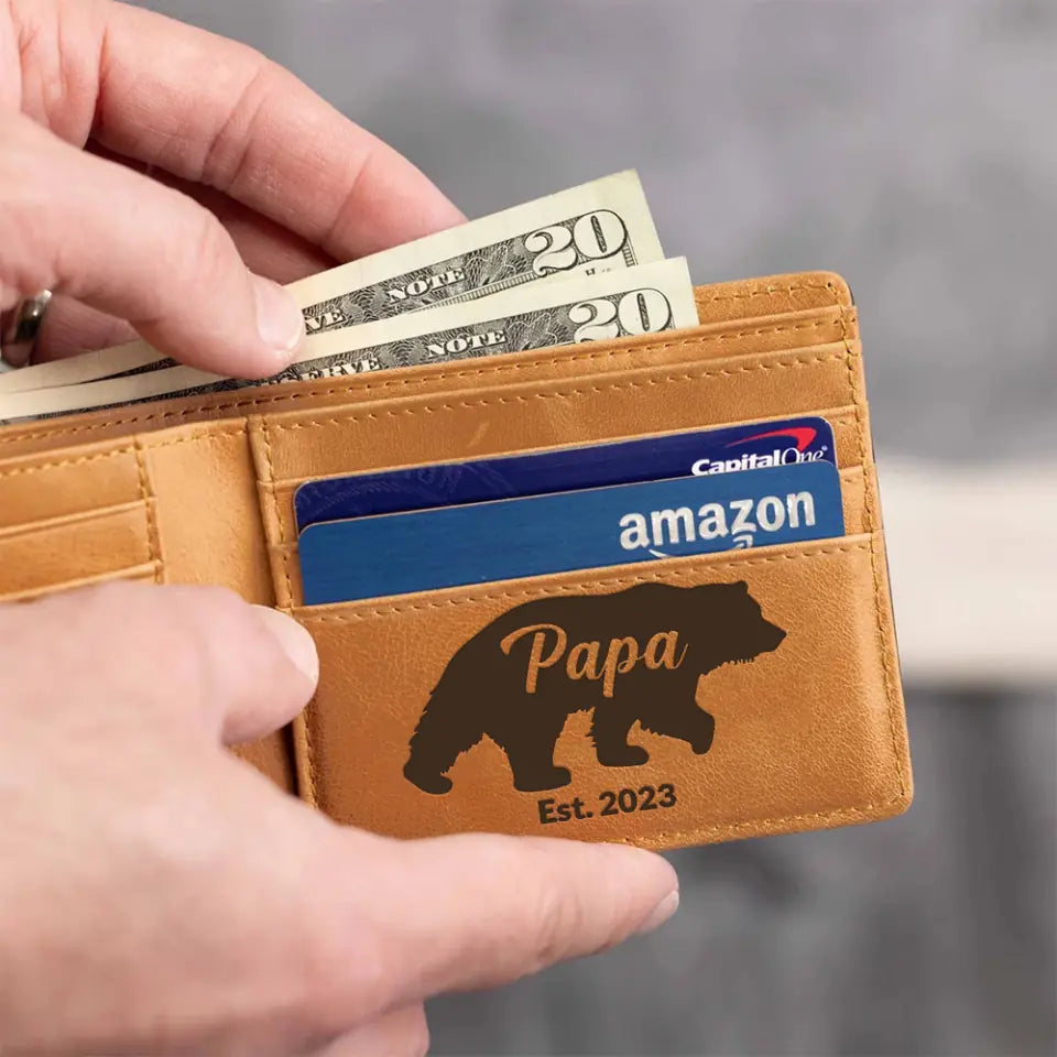 Papa Bear Est, New Dad, First Father's Day Gift for Papa, Engraved Leather Wallet, Money Holder