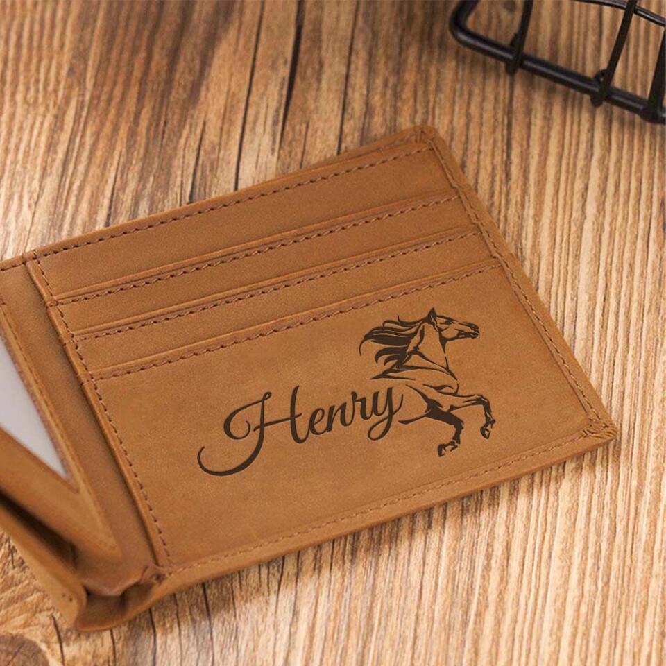 Horse Art with Name - Personalized Leather Wallet for Men - Gift for Horse Rider/Horse Lover, Equestrian - Money Holder