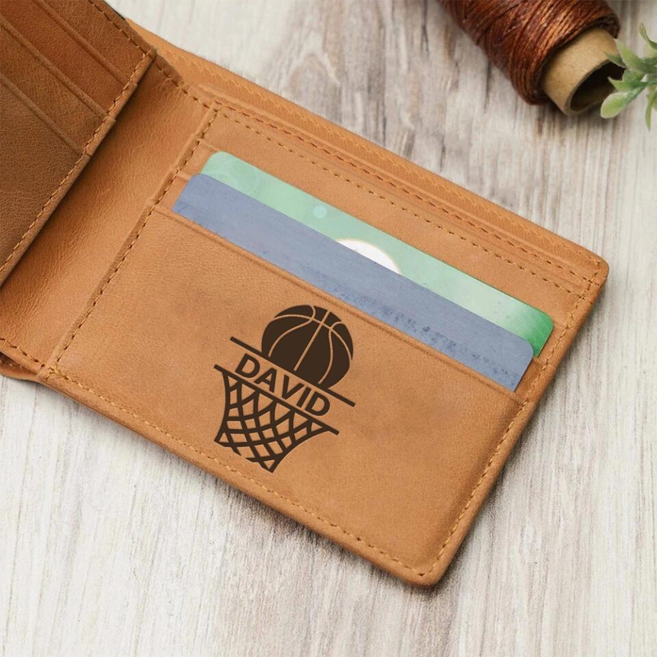 Basketball Art with Name - Personalized Engraved Leather Waller - Men Gift for Basketball Lover