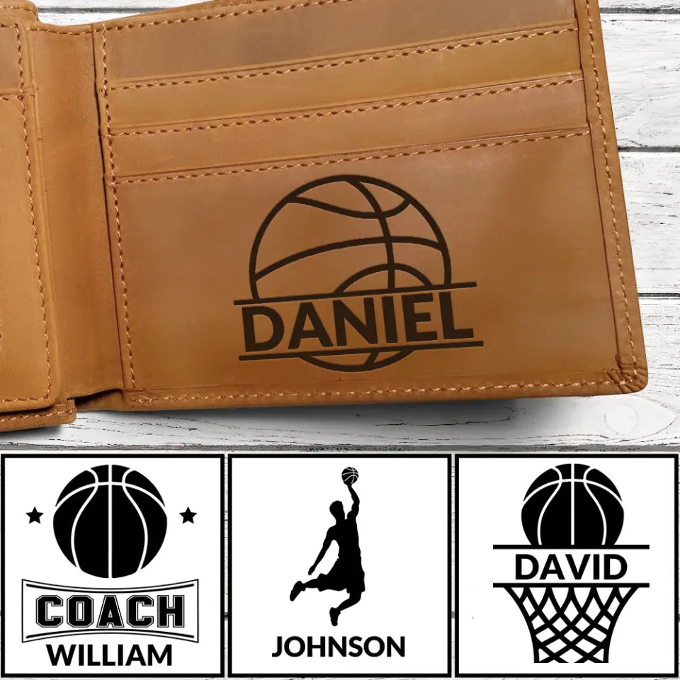 Basketball Art with Name - Personalized Engraved Leather Waller - Men Gift for Basketball Lover