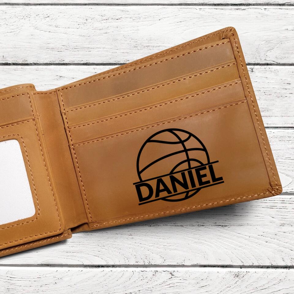 Basketball Art with Name - Personalized Engraved Leather Waller - Men Gift for Basketball Lover