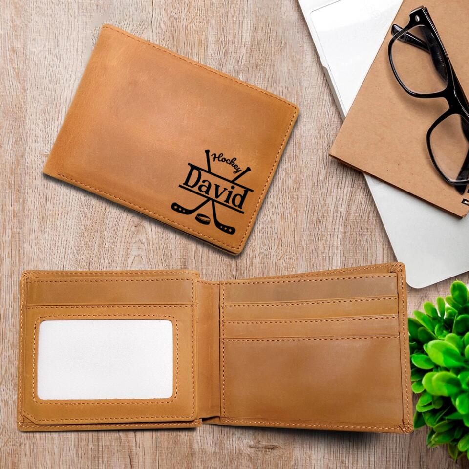 Personalized Name/Nickname Engraved Leather Wallet - Hockey Art - Best Gift for Hockey Coaches, Player
