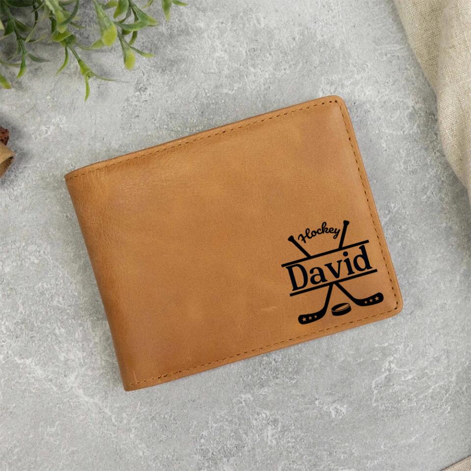 Personalized Name/Nickname Engraved Leather Wallet - Hockey Art - Best Gift for Hockey Coaches, Player