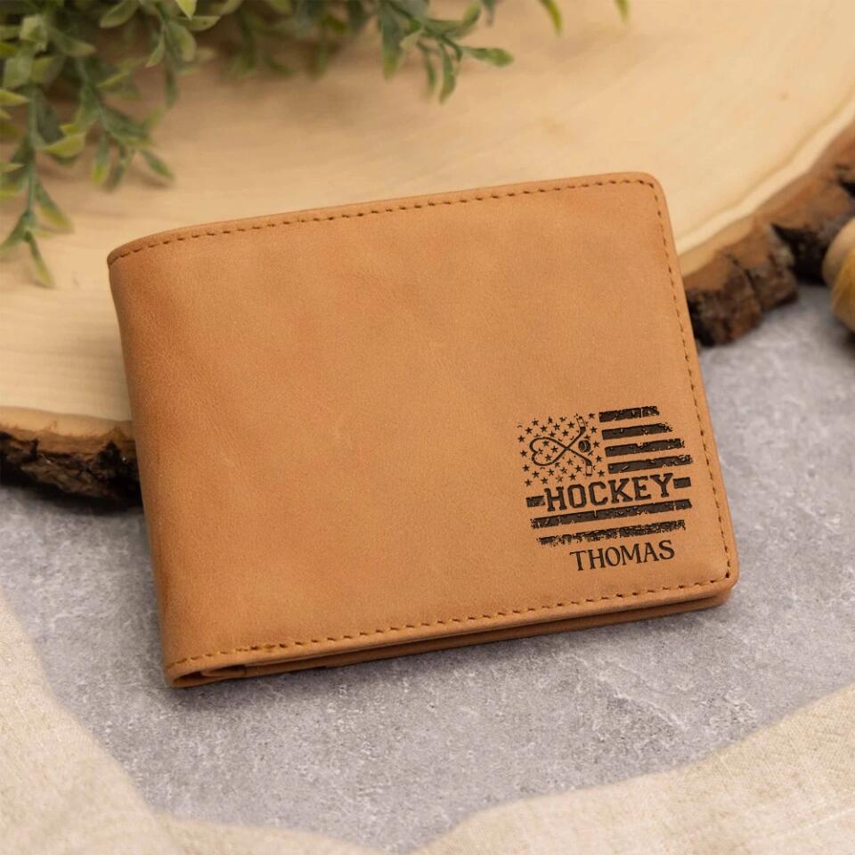 Personalized Name/Nickname Engraved Leather Wallet - Hockey Art - Best Gift for Hockey Coaches, Player