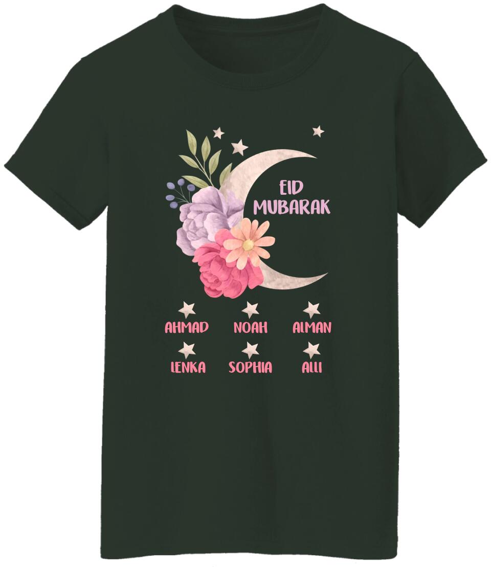 Floral and Moon Eid Mubarak Shirt - Custom Mom Eid Gifts - Eid T-shirt - Personalised Names/Nicknames - Ramadan Mubarak - Grandma Nana Auntie Eid Gift - Shirt for Women - 304ICNNPTS476