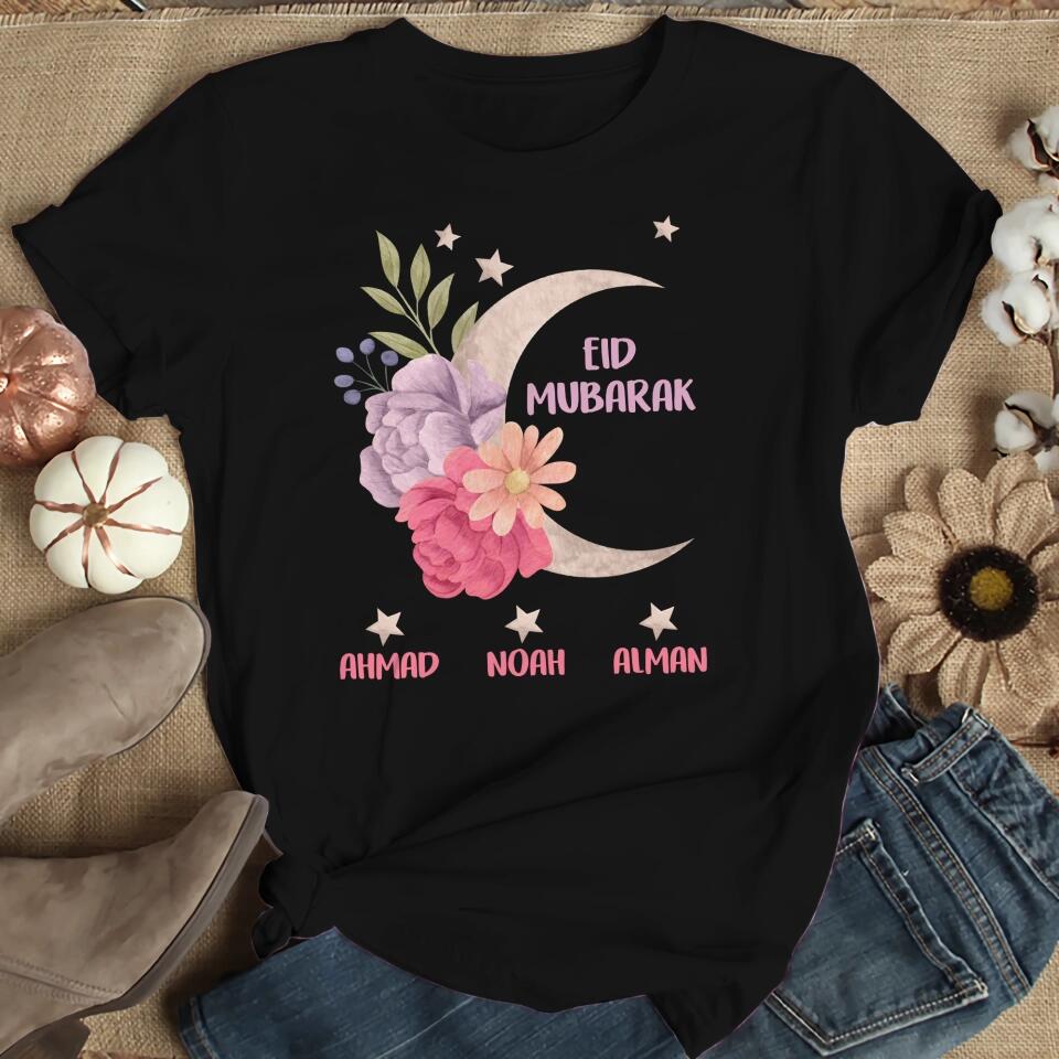 Floral and Moon Eid Mubarak Shirt - Custom Mom Eid Gifts - Eid T-shirt - Personalised Names/Nicknames - Ramadan Mubarak - Grandma Nana Auntie Eid Gift - Shirt for Women - 304ICNNPTS476