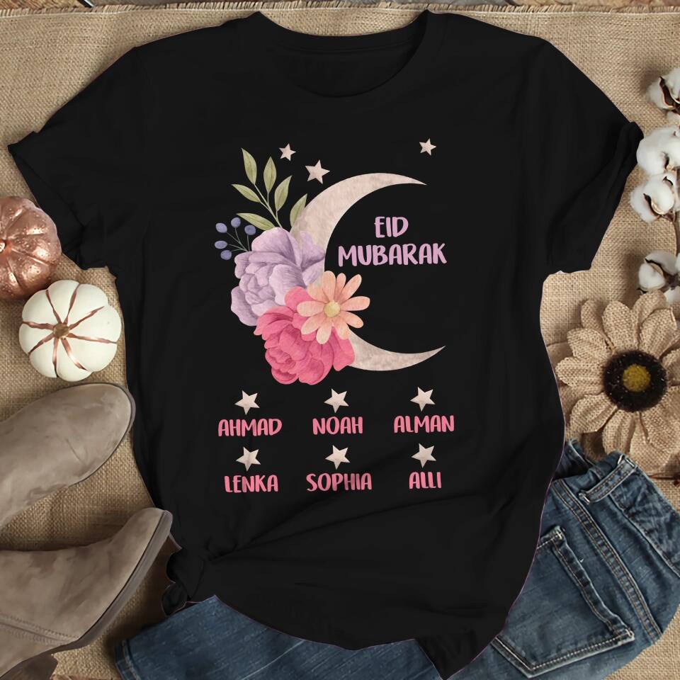 Floral and Moon Eid Mubarak Shirt - Custom Mom Eid Gifts - Eid T-shirt - Personalised Names/Nicknames - Ramadan Mubarak - Grandma Nana Auntie Eid Gift - Shirt for Women - 304ICNNPTS476