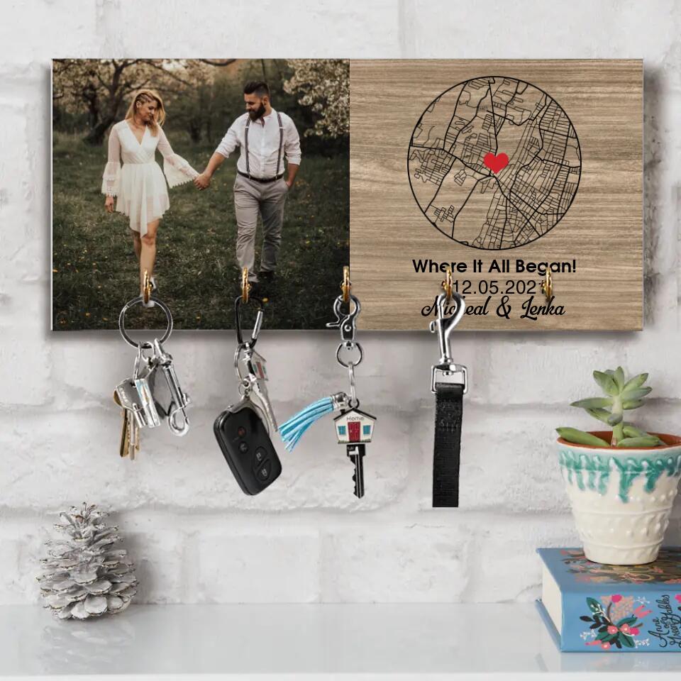 When It All Began - Custom Map - Personalized Key Holder - Wooden Hanger - Anniversary, Wedding Gift for Couples