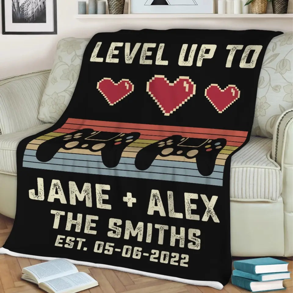 Gaming Couple Level Up to Husband & Wife - Personalized Name & Date - Fleece Blanket - Wedding, Anniversary Gift for Her, Him