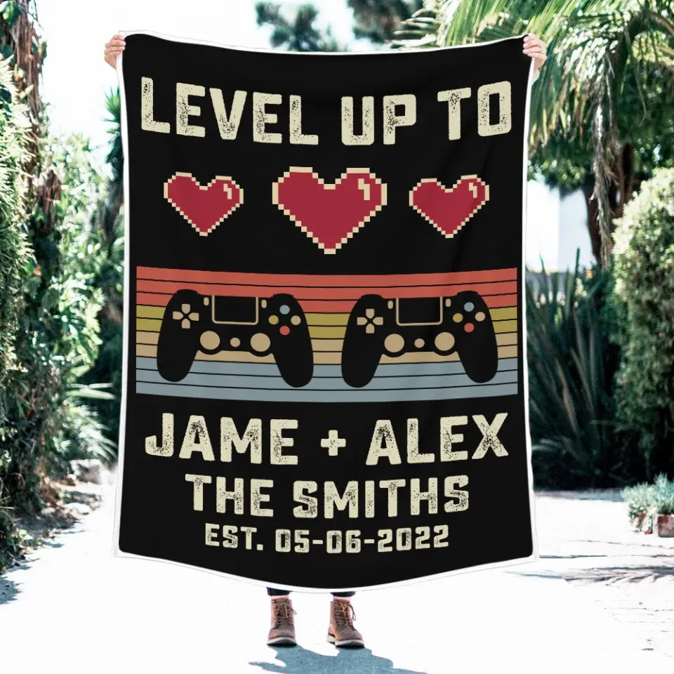 Gaming Couple Level Up to Husband & Wife - Personalized Name & Date - Fleece Blanket - Wedding, Anniversary Gift for Her, Him