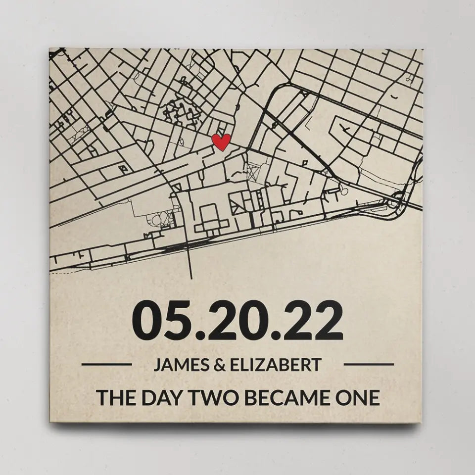 The Day Two Became One - Custom Map Canvas Poster - Anniversary Gift For Couples