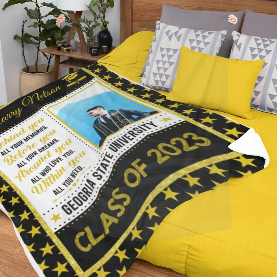 Behind You All Your Memories Before You All Your Dreams - Personalized Upload Photo Blanket - Best Graduation Gift For Friends For Him/Her Graduated Day - Anniversary Gift - 304IHPTLBL477