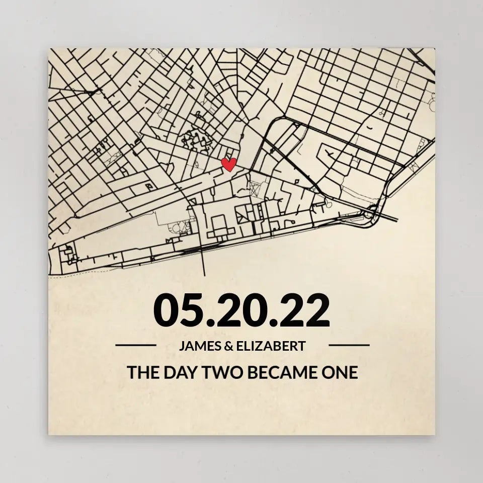 The Day Two Became One - Custom Map Canvas Poster - Anniversary Gift For Couples