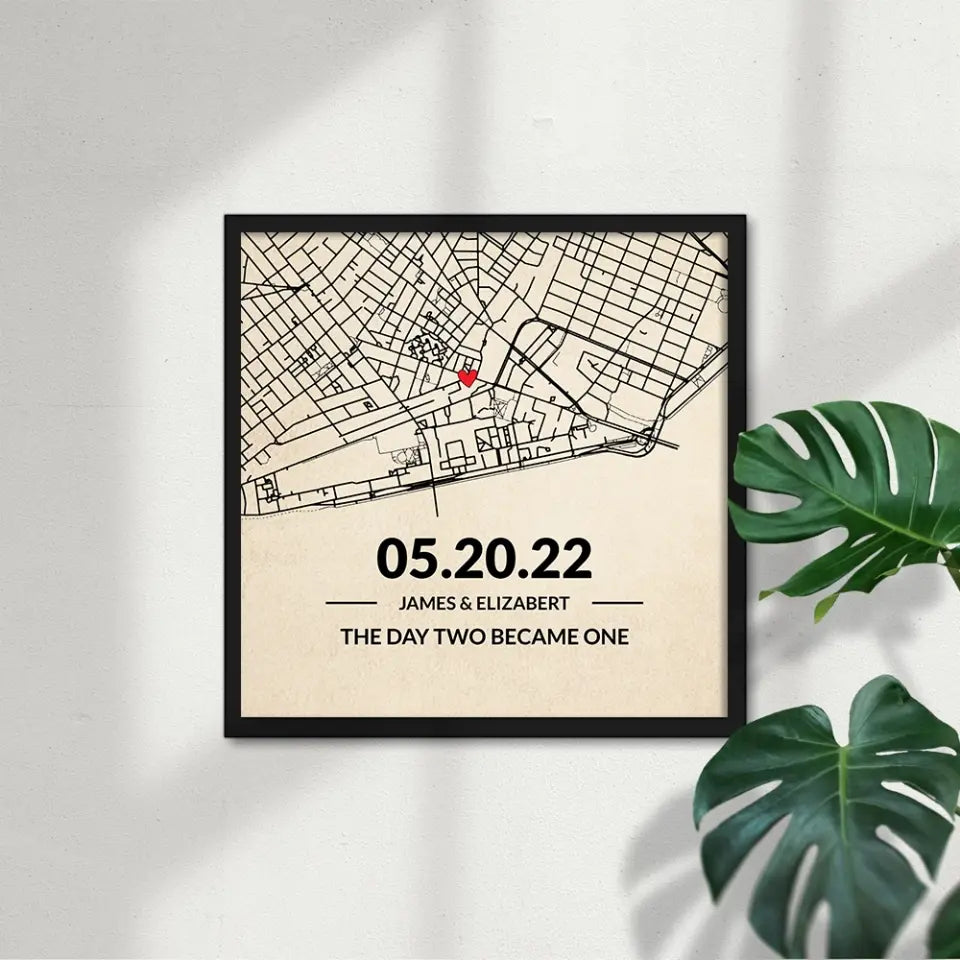 The Day Two Became One - Custom Map Canvas Poster - Anniversary Gift For Couples