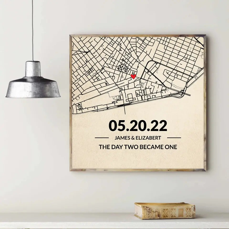 The Day Two Became One - Custom Map Canvas Poster - Anniversary Gift For Couples