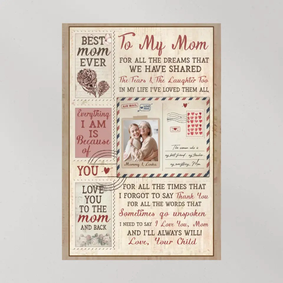 To My Mom For All The Dreams Letter Style - Custom Canvas Poster - Birthday Gift For Mom