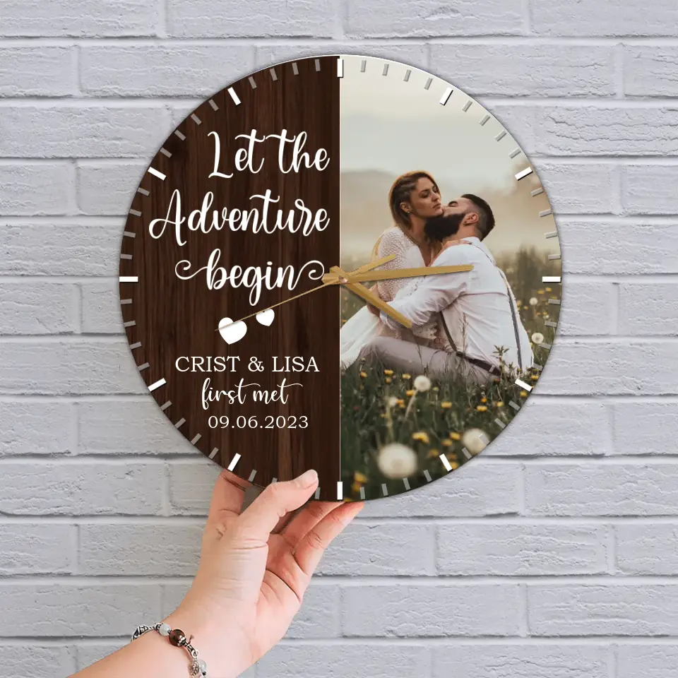 Couple Wooden Sign Let The Adventure Begin - Wall Clock - Gift For Couples On Anniversary, Wedding