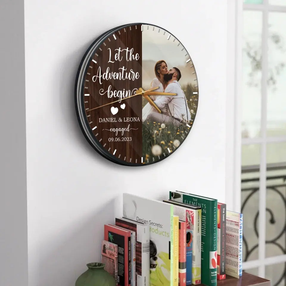 Couple Wooden Sign Let The Adventure Begin - Wall Clock - Gift For Couples On Anniversary, Wedding