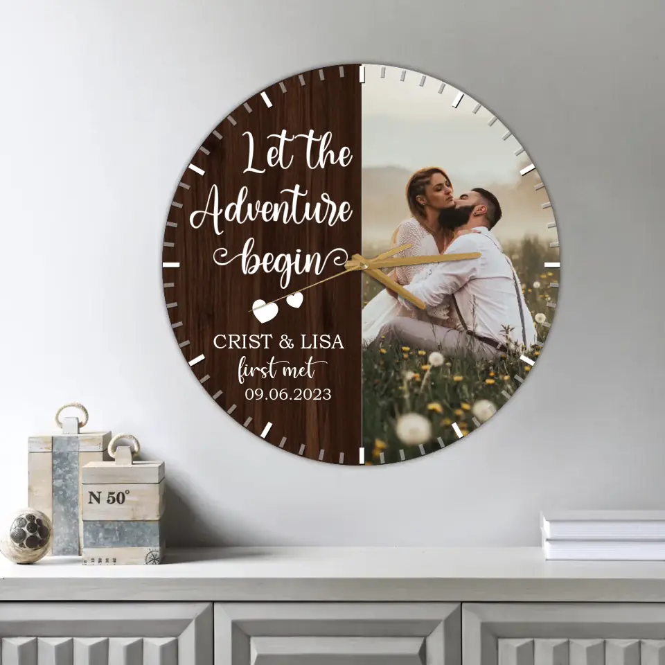 Couple Wooden Sign Let The Adventure Begin - Wall Clock - Gift For Couples On Anniversary, Wedding