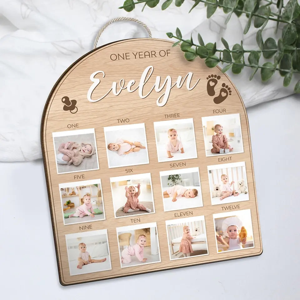 One Year Birthday - Custom Photos from 1 Month to 12 Months - Shape Wooden Sign - Birthday Gift For Baby Boys, Baby Girls