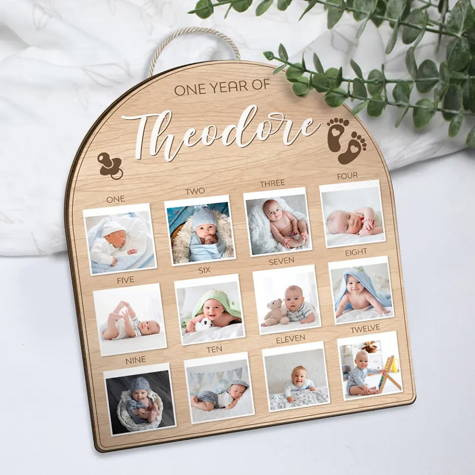 One Year Birthday - Custom Photos from 1 Month to 12 Months - Shape Wooden Sign - Birthday Gift For Baby Boys, Baby Girls