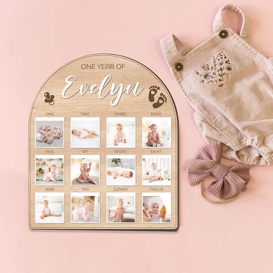 One Year Birthday - Custom Photos from 1 Month to 12 Months - Shape Wooden Sign - Birthday Gift For Baby Boys, Baby Girls