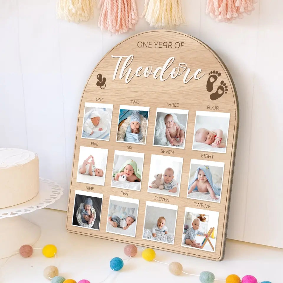 One Year Birthday - Custom Photos from 1 Month to 12 Months - Shape Wooden Sign - Birthday Gift For Baby Boys, Baby Girls