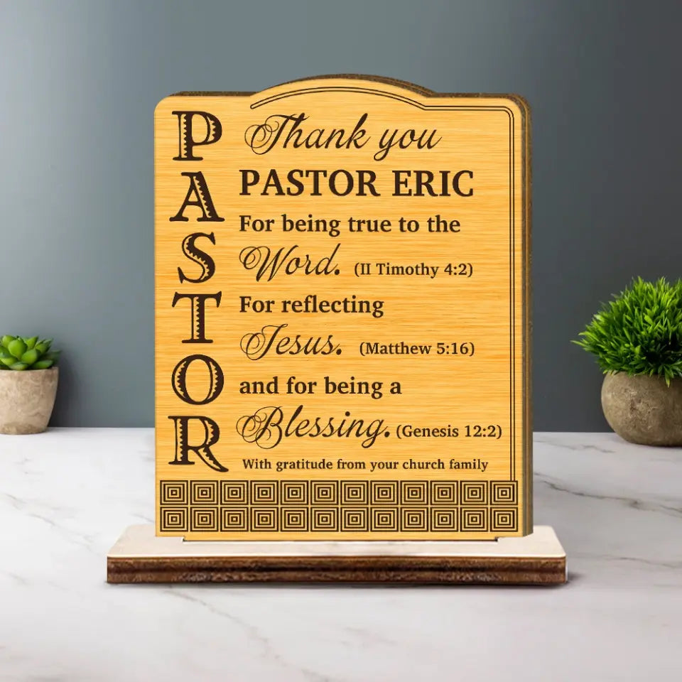 Thank You Pastor With Gratitude - Personalized Wooden Plaque - Gift For Pastor | 307IHPBNWP833