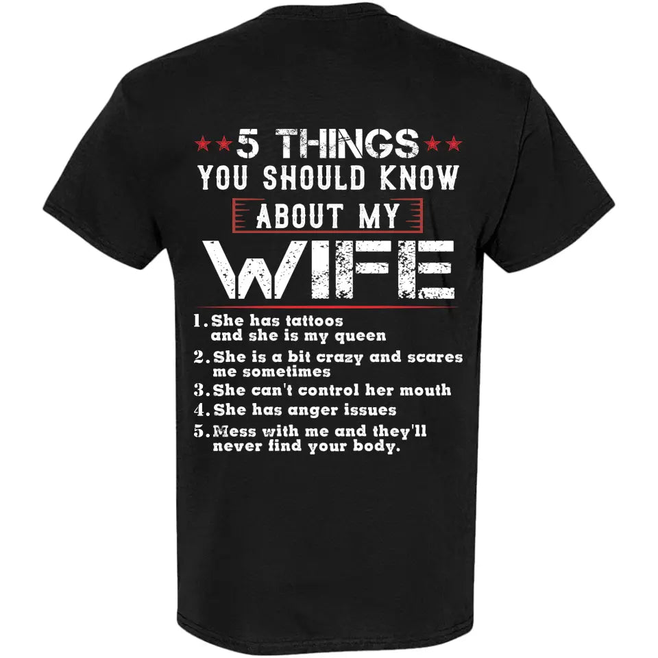 5 Things You Should Know About My Wife, Personalized Back Shirt For Men, Funny Gifts For Husband