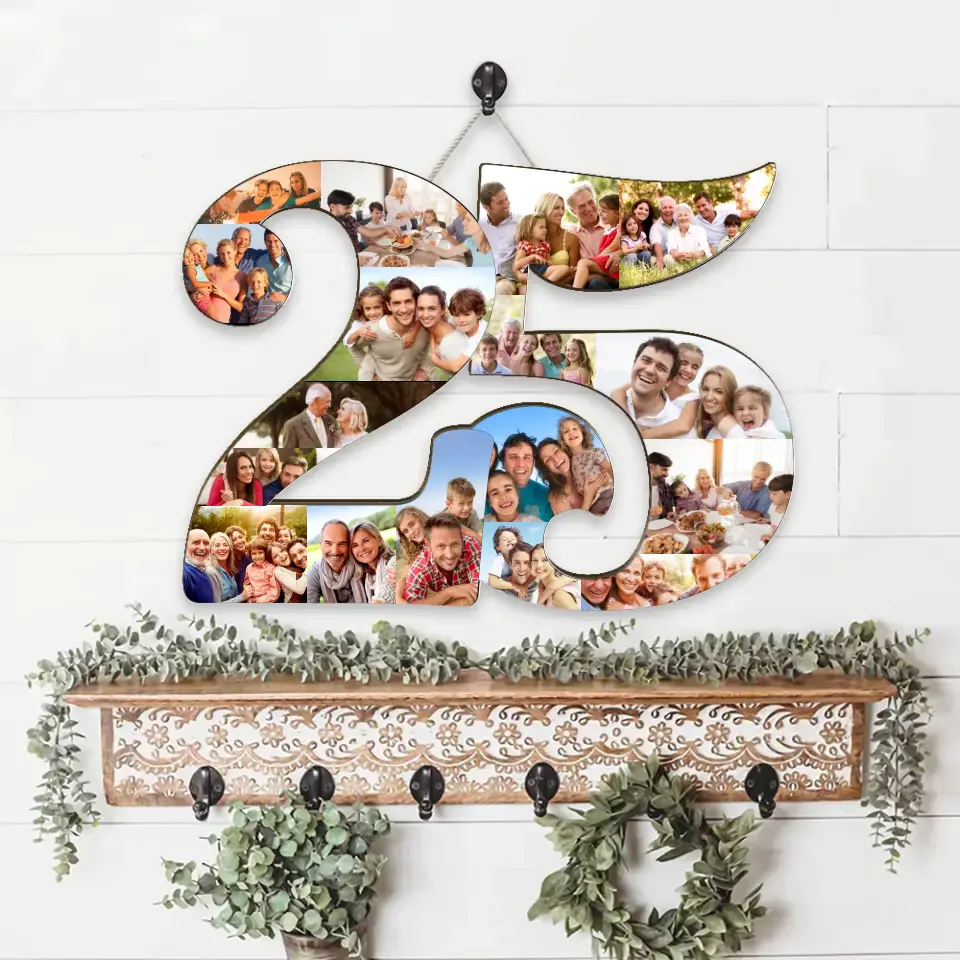 Couple Wooden Sign Custom Number 25 Shape Wooden Sign, Personalized Collage Photos, 25th Birthday/Anniversary Gift