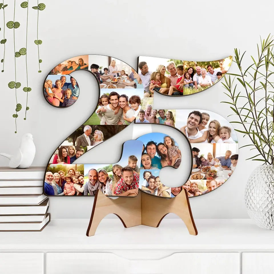 Couple Wooden Sign Custom Number 25 Shape Wooden Sign, Personalized Collage Photos, 25th Birthday/Anniversary Gift