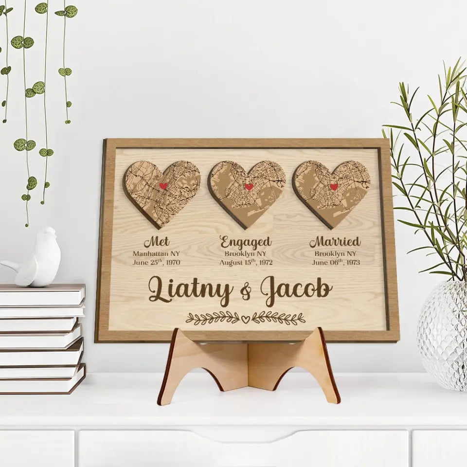Couple Wooden Sign Personalized Valentine Gifts - Heart Map When Met Engaged Married Custom Wooden Art Anniversary Gift For Couples