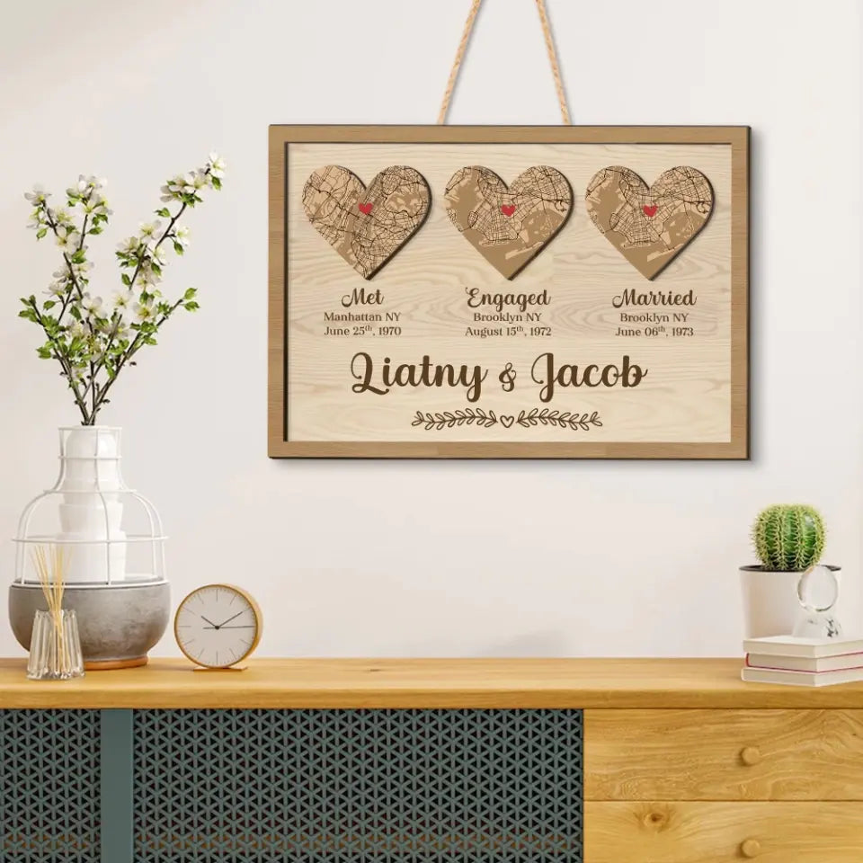 Couple Wooden Sign Personalized Valentine Gifts - Heart Map When Met Engaged Married Custom Wooden Art Anniversary Gift For Couples