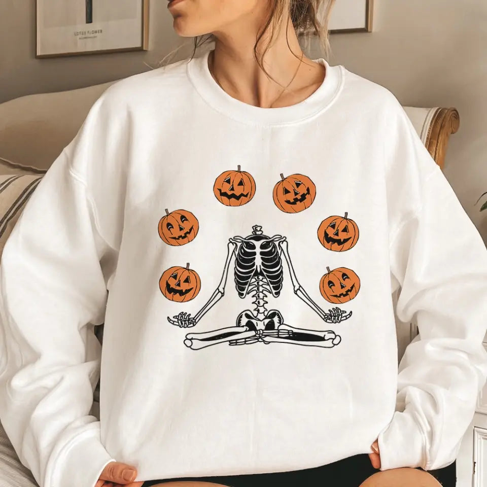 Namaste Pumpkin Skeleton Spooky Shirt - Standard Crew Neck Sweatshirt - Halloween Gift | 307IHPBNTS897