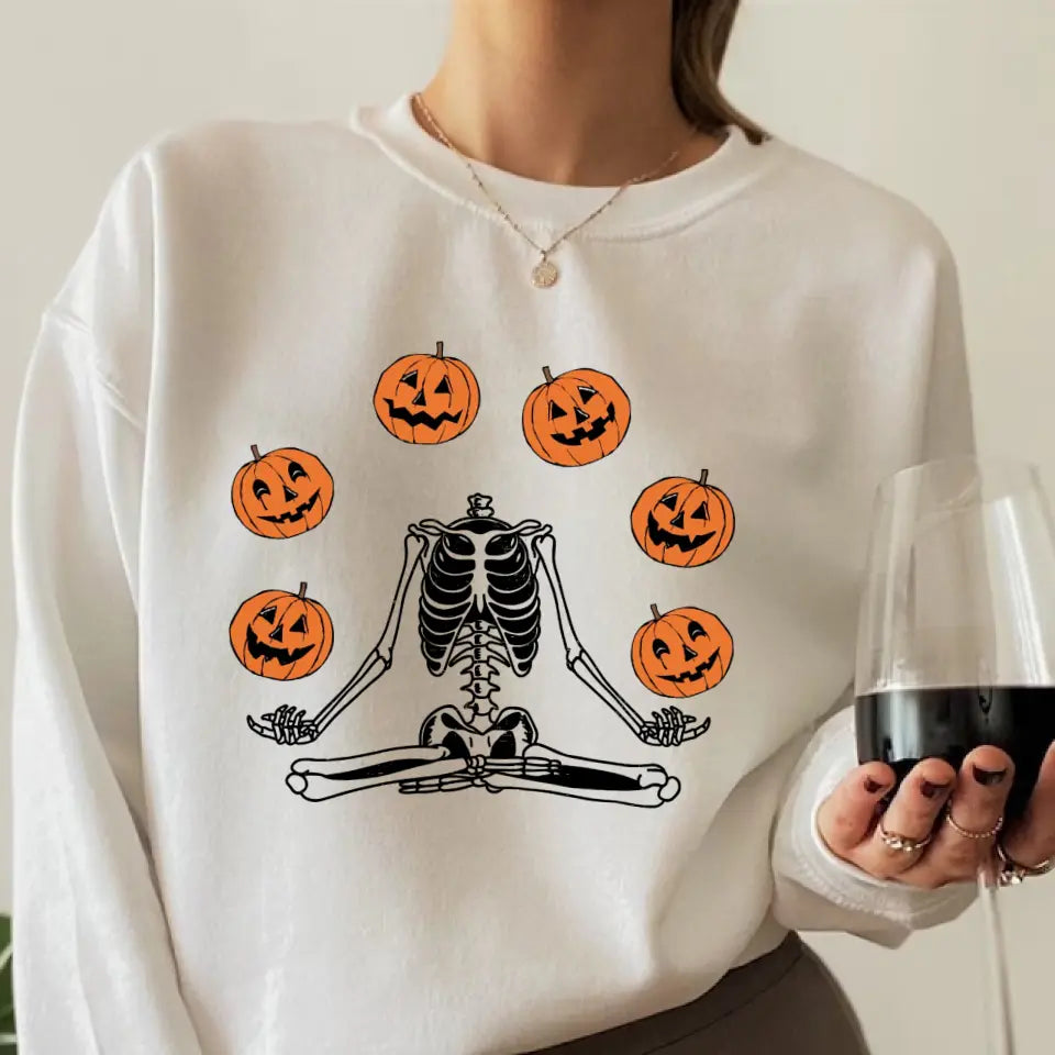 Namaste Pumpkin Skeleton Spooky Shirt - Standard Crew Neck Sweatshirt - Halloween Gift | 307IHPBNTS897