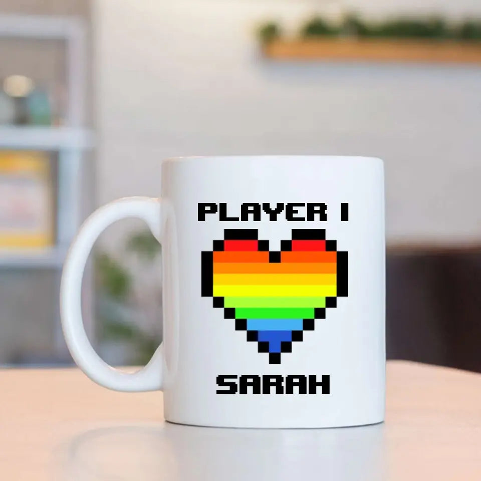 Custom Name Player One Player Two - Gay Gamer Couple Mug - Heart Matching LGBT - Wedding, Anniversary Gift for Him