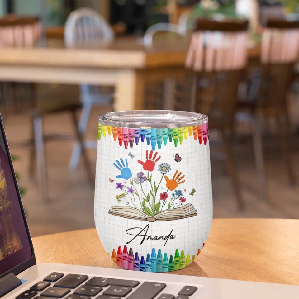 Childrens Mugs with Names - Handprints - Personalized Wine Tumbler - First Day of Kindergarten Gift for Kids