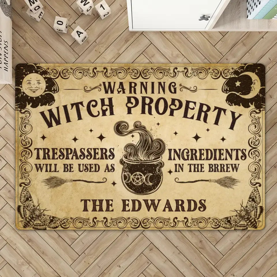 Warning Witch Property - Personalized Doormat - Halloween Gift For Family Couple | 308IHPLNRR995