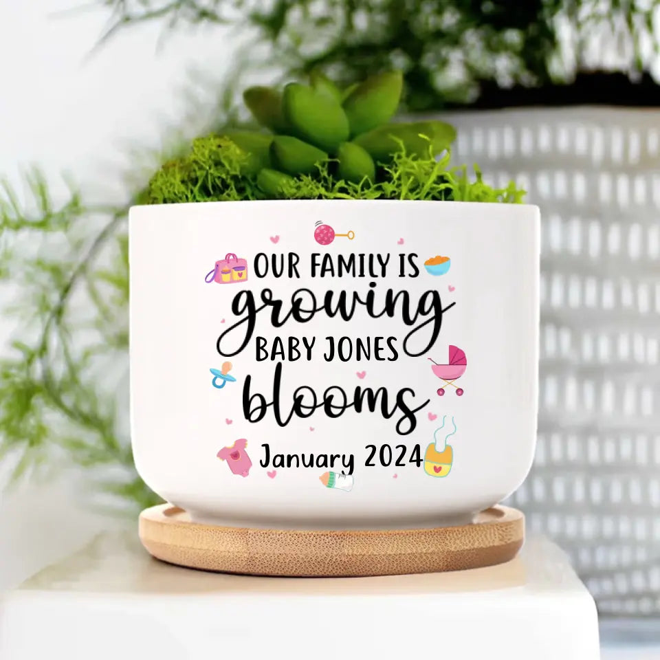 Our Family Is Growing Blooms, Personalized Ceramic Plant Pot, Gift For New Mom Pregnant Wife | 310IHPNPPO1057